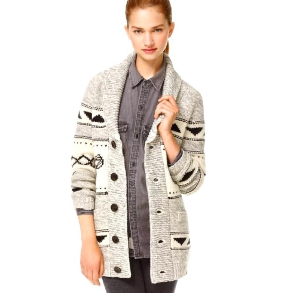 TNA Lambswool Knit Button Up Sea to Sky Long COWICHAN Grandpa Cardigan Sweater!